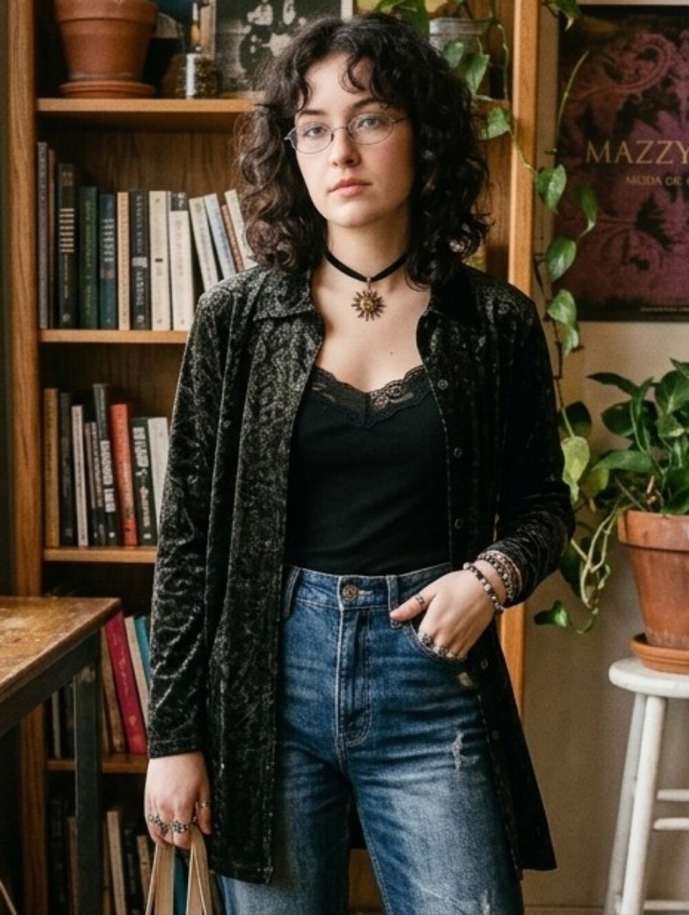 Tradition Collection M Vintage 90s Whimsigoth Boho Velvet Velour Button Shirt